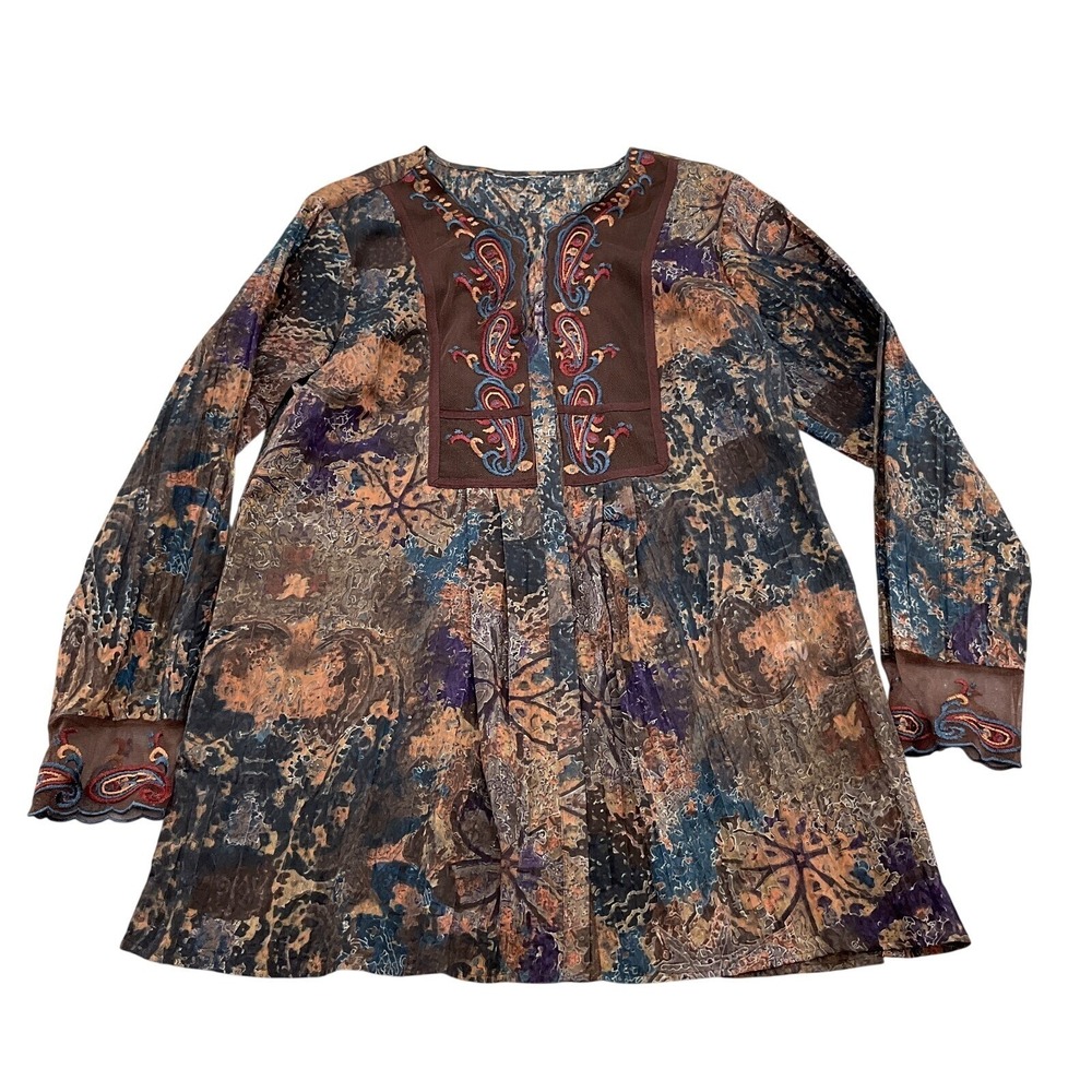 Peasant Boho Blouse Women XLarge Purple Brown Purple Embroidery Smock Hippie Top
